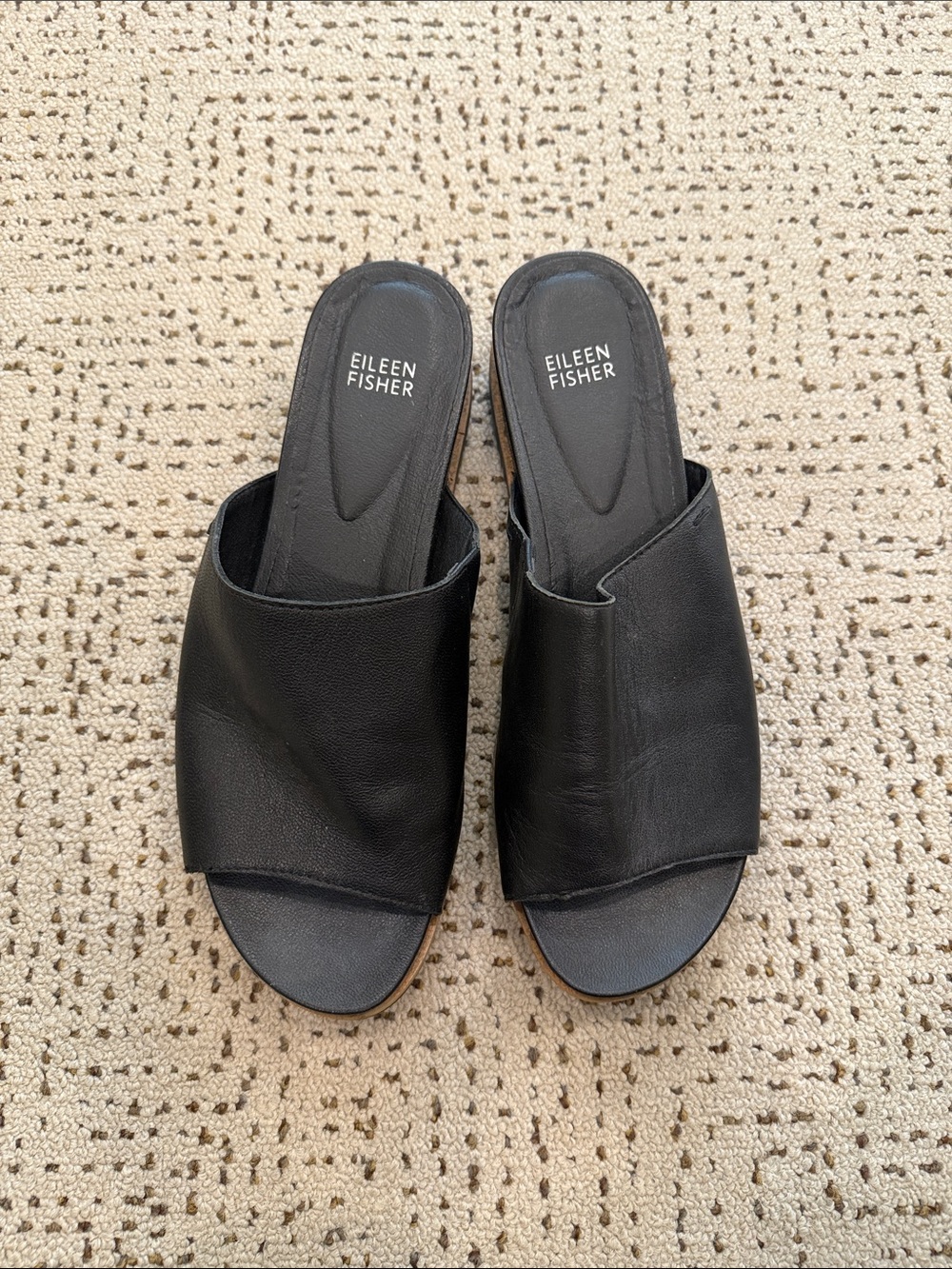 Eileen Fisher Black Leather Open-Toe Slide Mules